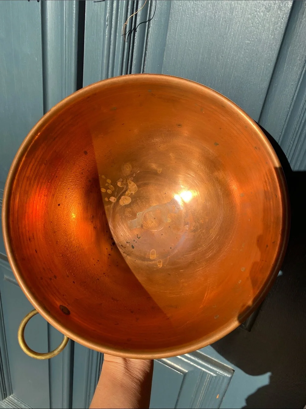 Vintage Copper 10” Mixing Bowl Rolled Edge Brass Hanging Ring